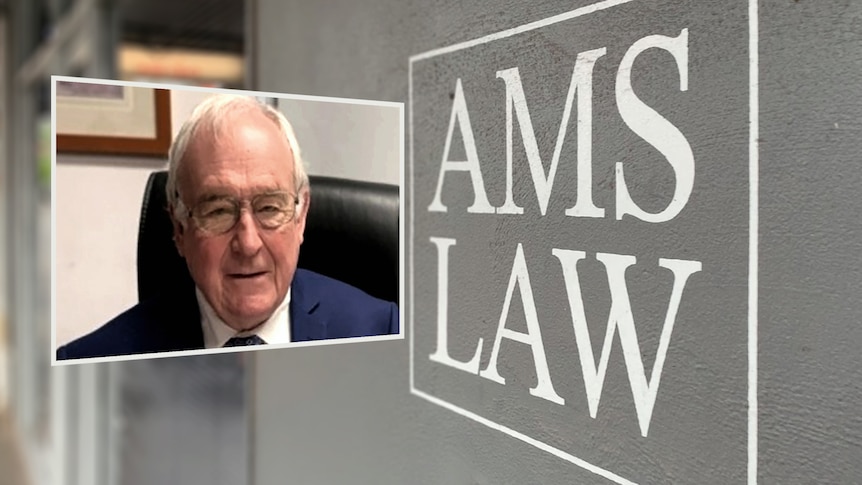 A composite image showing a man in a suit in an office and the exterior of an office with the sign "AMS LAW".