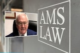 A composite image showing a man in a suit in an office and the exterior of an office with the sign "AMS LAW".