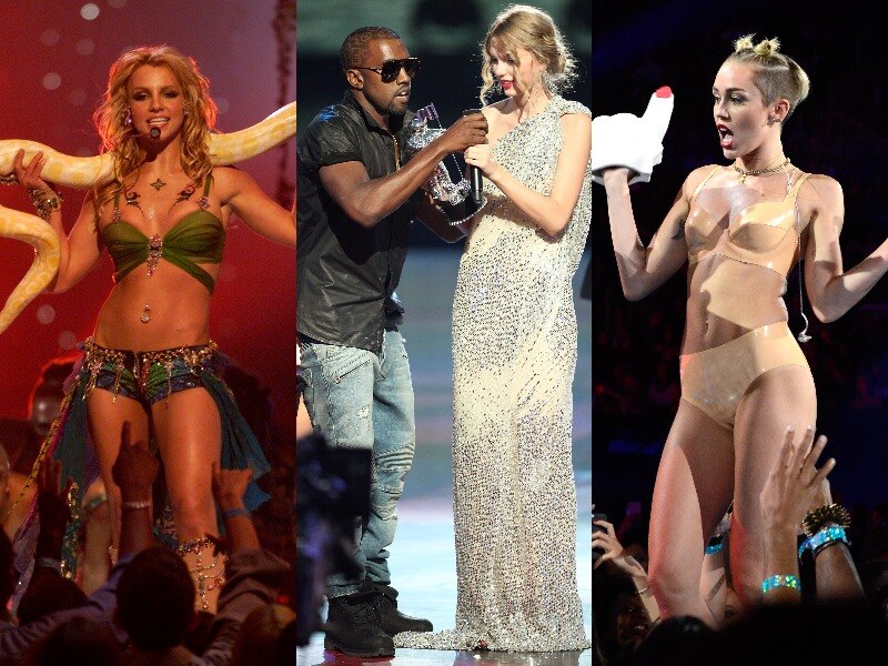 A composite image of famous VMA moments. Britney spears, miley cyrus and kanye and taylor. 