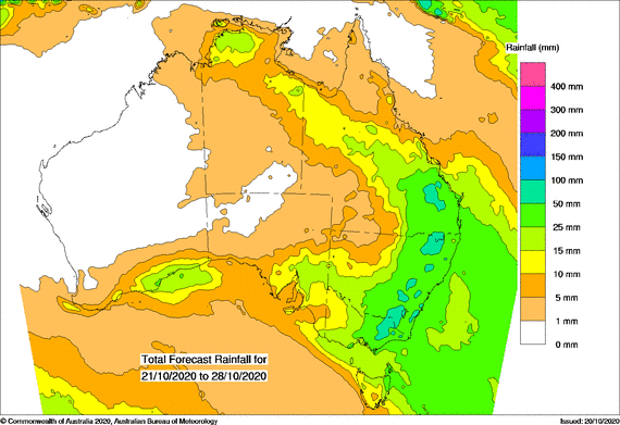AUS map with green over east coast showing falls between 25 and 50mm expected in between 21 and 28 Oct 2020