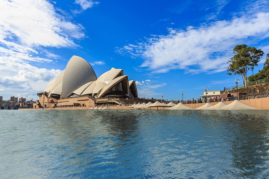 A representation of what they Sydney Opera House would look like after four degrees of global warming, with the entire foreshore beneath the Opera House under water.