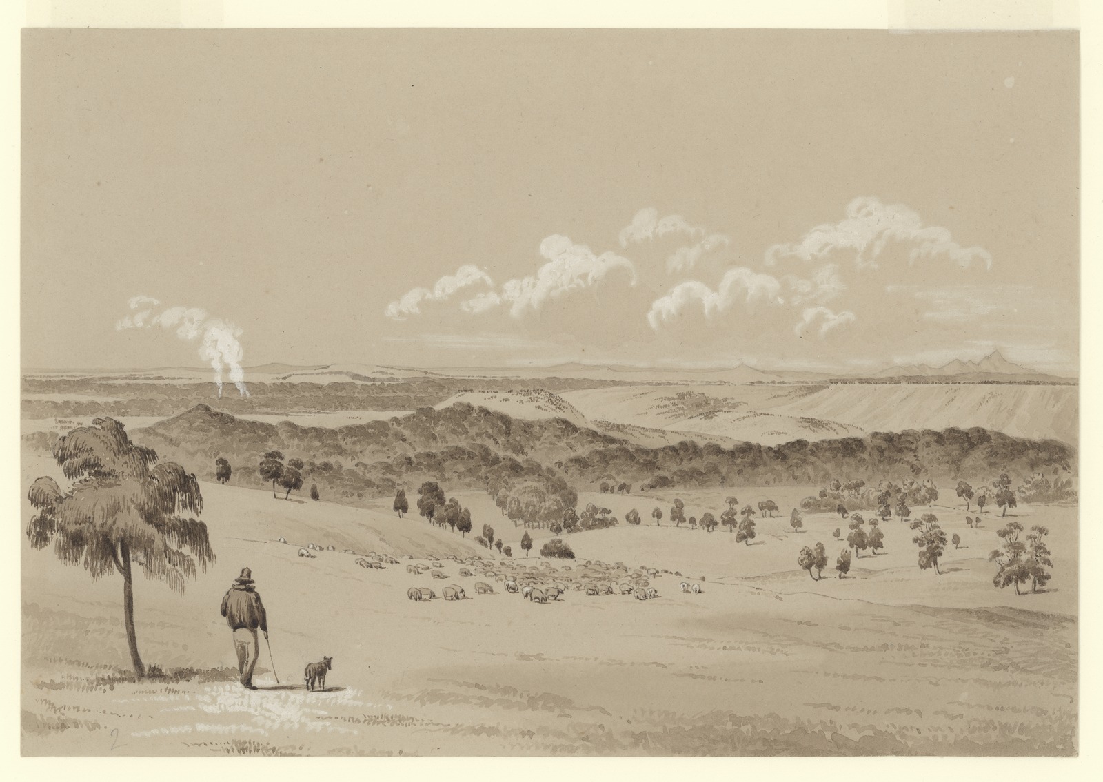 A sepia wash drawing of a man walking with his dog through a hilly area with sheep grazing in front and smoke from a village.