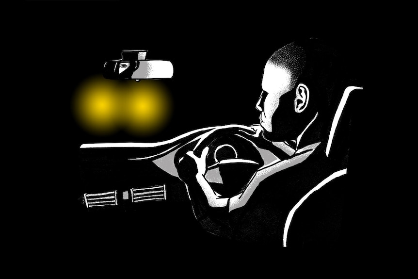 Dark illustration of man looking in review mirror of car. Yellow headlights shining through front windscreen.