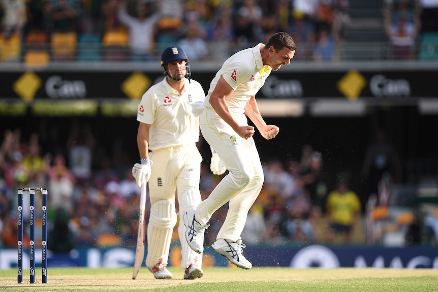 Josh Hazlewood celebrates the wicket of England's Alastair Cook