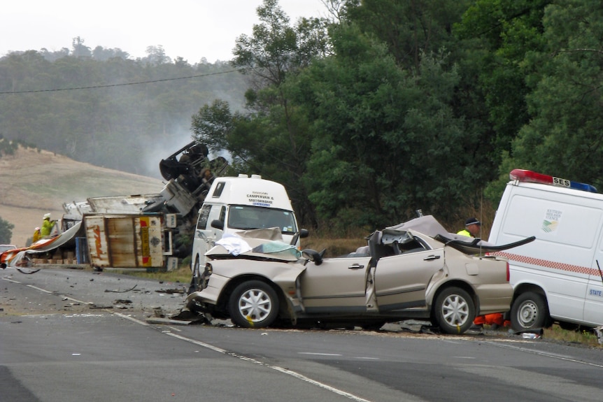 The driver died after flames engulfed his prime mover in the Midland Highway crash at Bagdad.