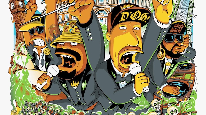 Cypress Hill members drawn in the style of cartoon series The Simpsons