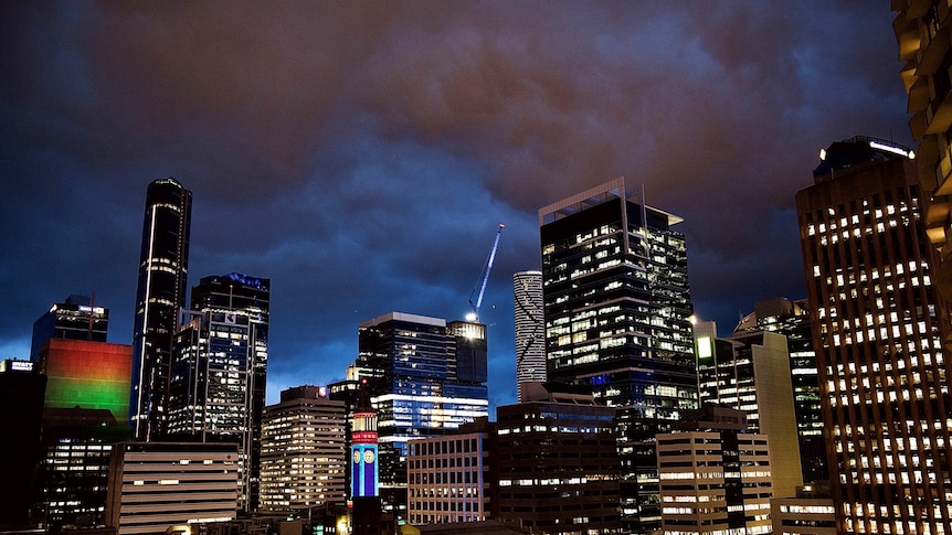 Storm clouds over Brisbane city buildings in evening of December 9, 2021