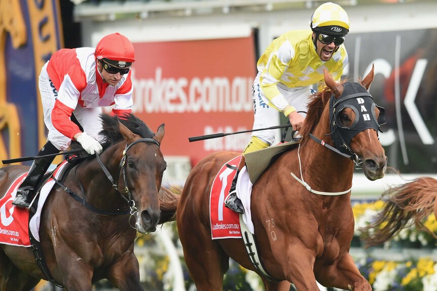 Criterion (R) wins Caulfield Stakes in October 2015.