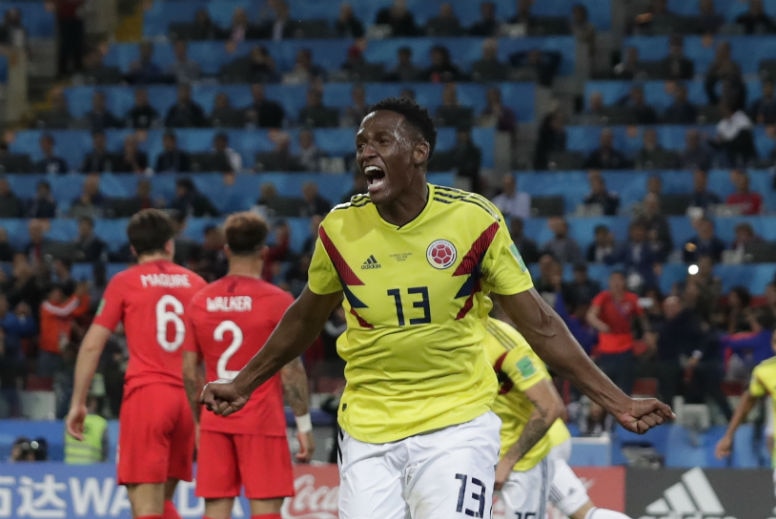 Colombia's Yerry Mina celebrates after scoring
