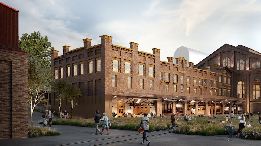 Concept design for Powerhouse Museum with brick building, greenery and people walking on a footpath