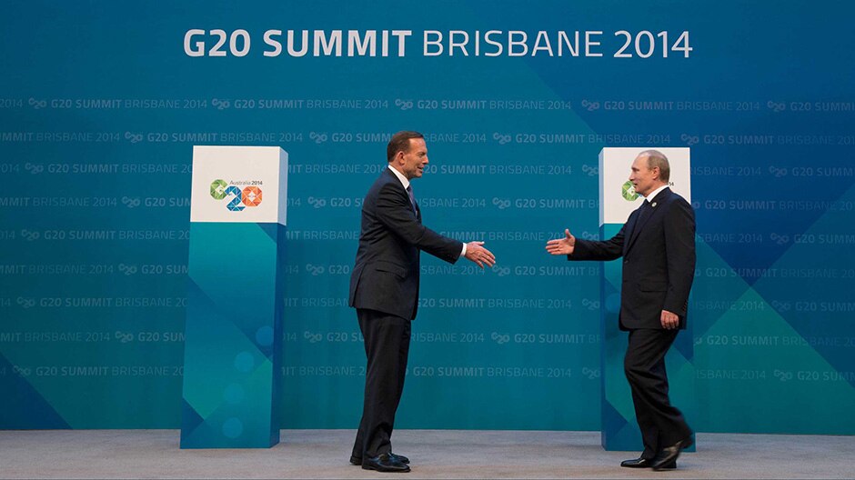 Prime Minister Tony Abbott and Russian president Vladimir Putin at the G20 summit.