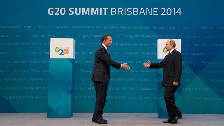 Prime Minister Tony Abbott and Russian president Vladimir Putin at the G20 summit.
