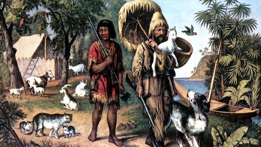 1874 lithograph of Robinson Crusoe and Friday.