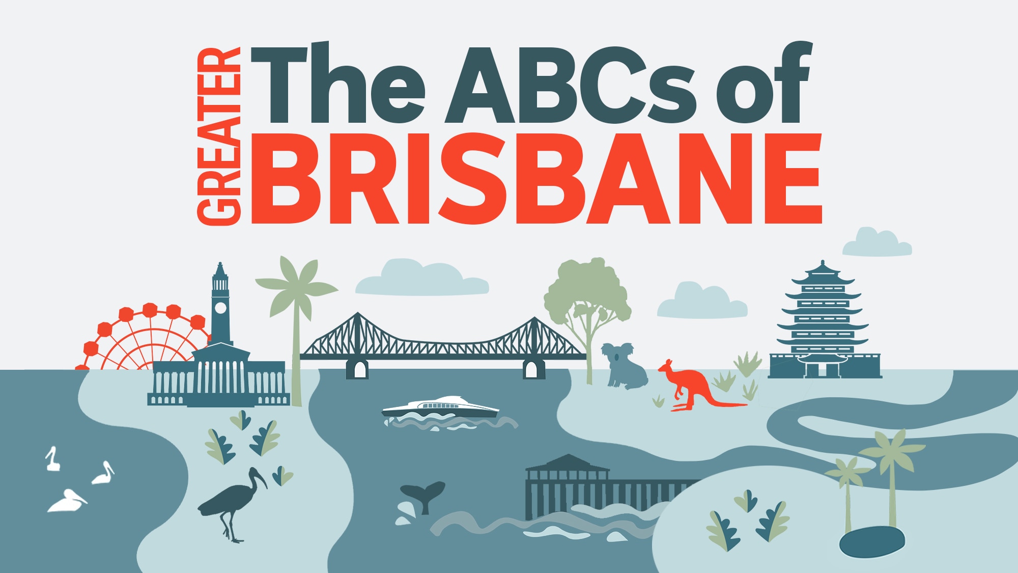 ABCs of Greater Brisbane cartoon artwork. A collection of of Brisbane icons in blue, grey, and orange