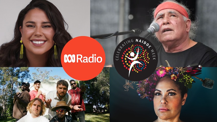 Composite image of several First Nations artists with the ABC Radio and NAIDOC Week logos.