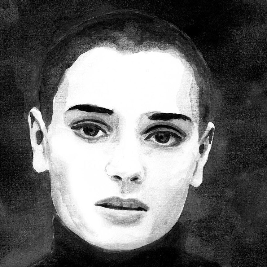 A black and white portrait illustration of Irish singer Sinéad O'Connor