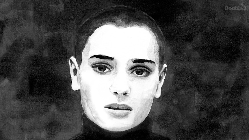 A black and white portrait illustration of Irish singer Sinéad O'Connor