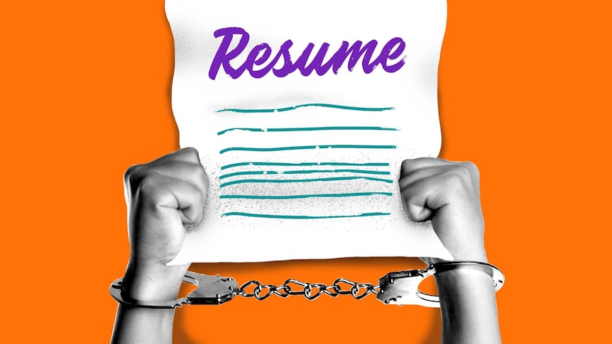 A man in handcuffs holds up a resume against an orange background, for a story on criminal records and employment.