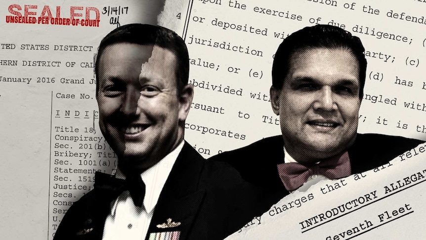A graphic showing Alex Gillett and Leonard Francis with excerpts from the US indictment behind.