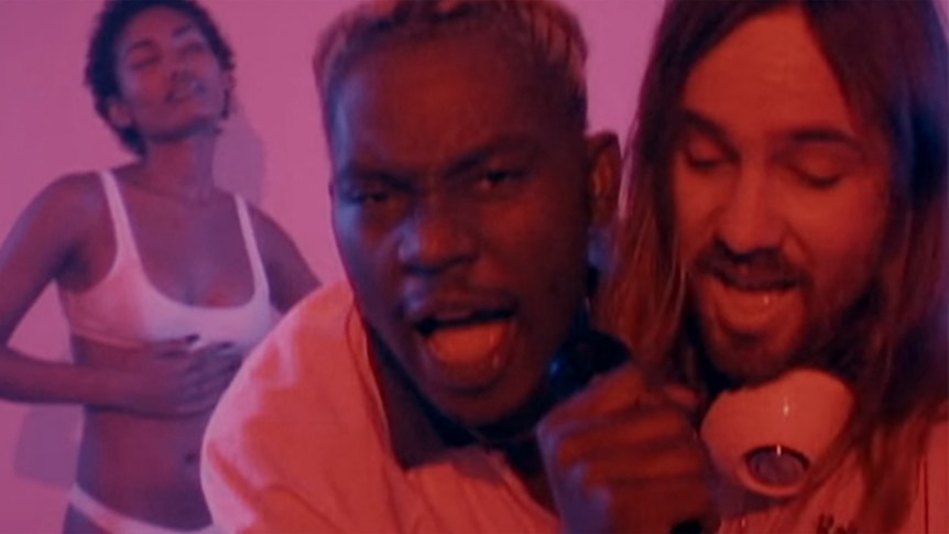 Theophilus London and Tame Impala's Kevin Parker performing in the 2018 'Only You' music video