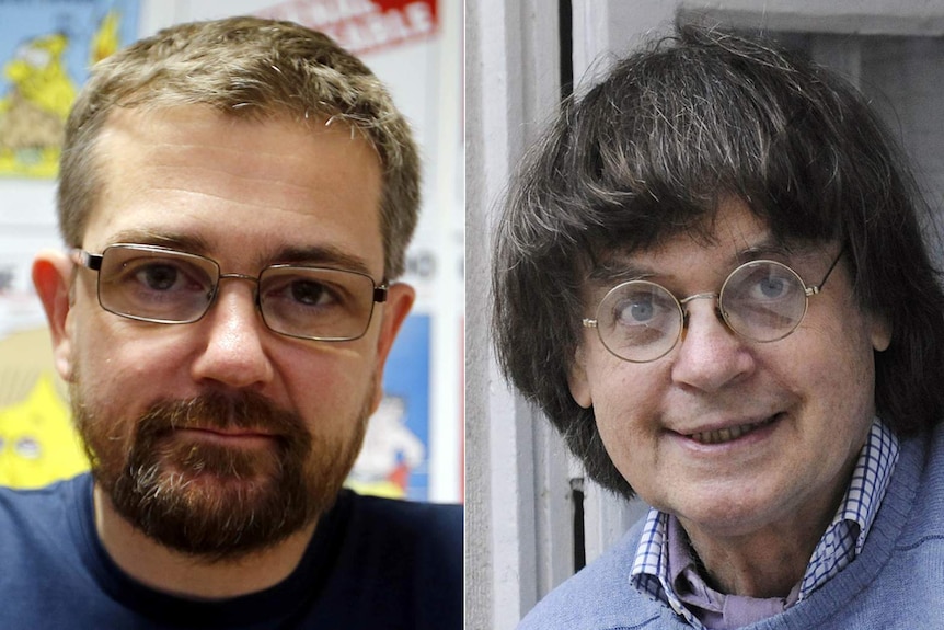 (L to R) Charlie Hebdo (Charlie Weekly) editor-in-chief Stephane 'Charb' Charbonnier, and cartoonist Jean 'Cabu' Cabut.