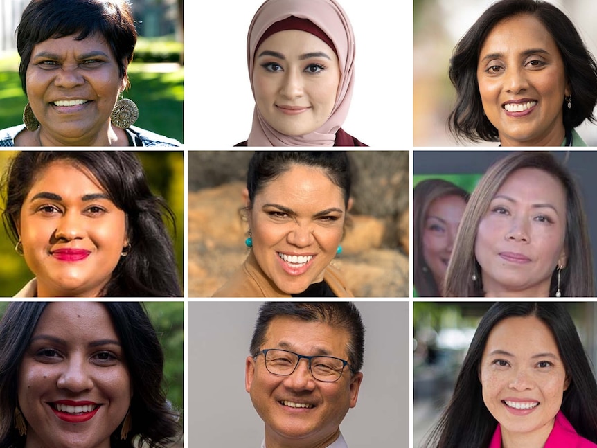 A composite image of nine portraits of a mix of men and women from a variety of different backgrounds.