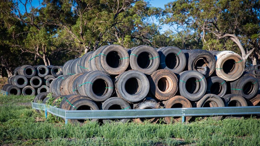 A stack of car tyres pictured at the company's processing plant in Warren.