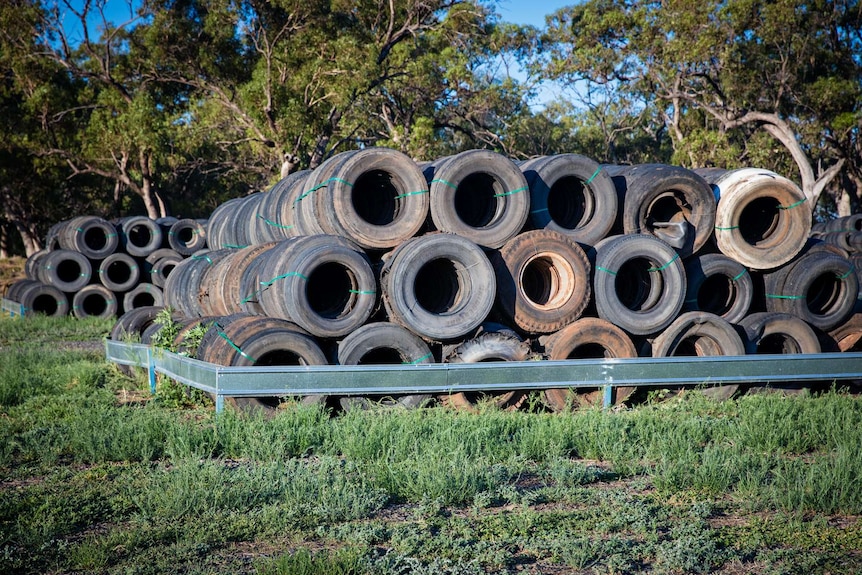 A stack of car tyres pictured at the company's processing plant in Warren.