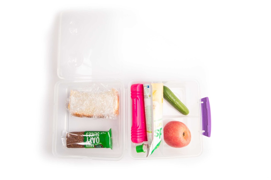 A vegemite sandwich, oat slice, yoghurt, apple and cucumber in a lunch box.