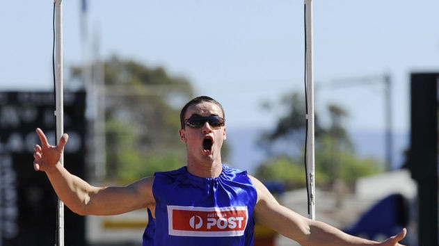 Aaron Stubbs celebrates winning the Stawell Gift at Central Park in Stawell, west of Melbourne, Mond