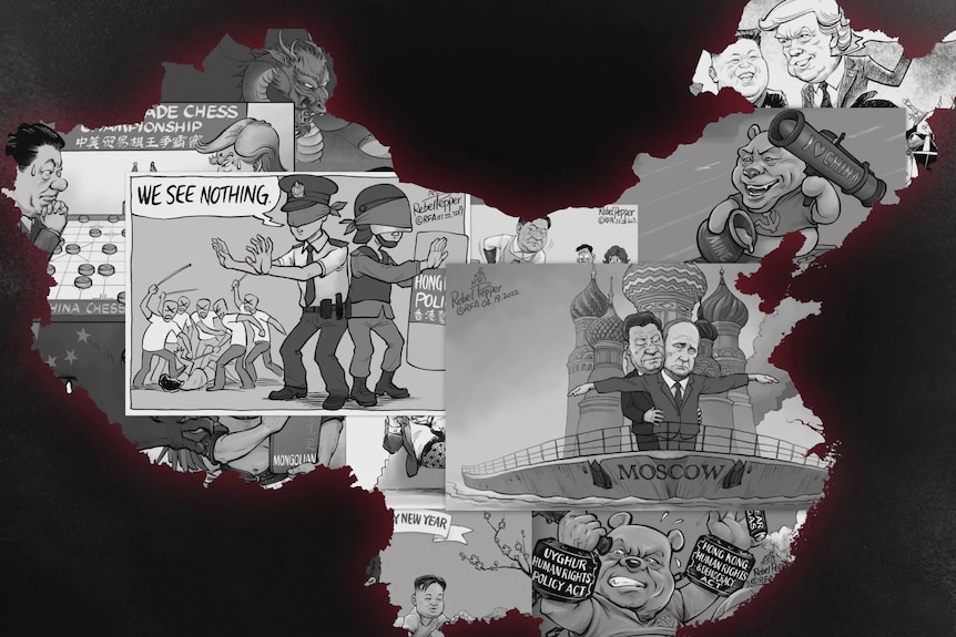 A red map of China showing various black and white satirical cartoons inside it