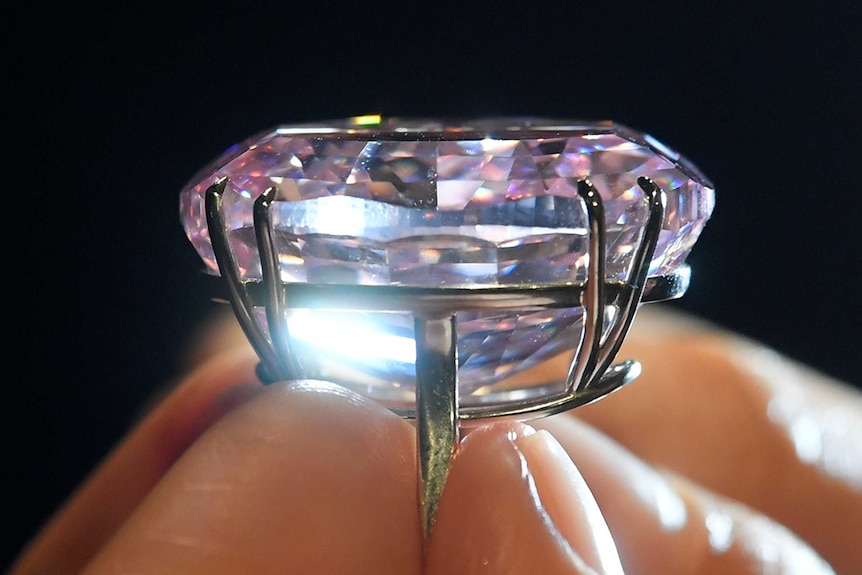 A closeup of the "Pink Diamond" being held.