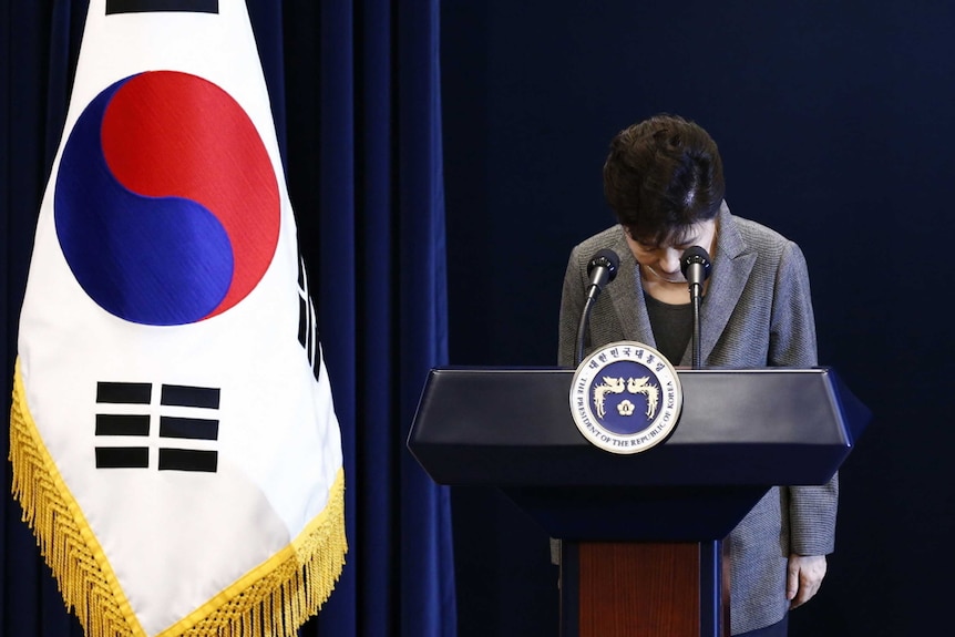 President Park Geun-hye bows during an address to the nation.