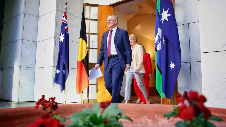 Anthony Albanese and Tanya Plibersek walking out in front of flags. 