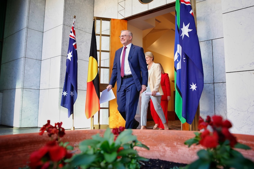 Anthony Albanese and Tanya Plibersek walking out in front of flags. 