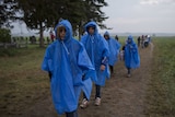 Asylum seekers walk on a field, after they cross the Serbia-Croatia border