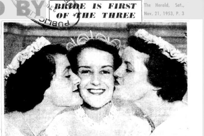 A newspaper clipping from 1953 with a photo of three women and the headline 'Bride is the first of three'.