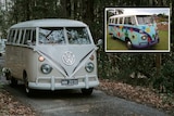 Beige, restored Kombi positioned next to a blue and purple, rusted Kombi covered in colourful painted flowers