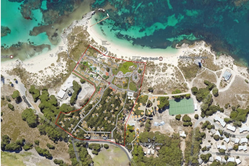 An aerial image of Rottnest Island detailing the proposed location of Pinky's Eco Retreat.