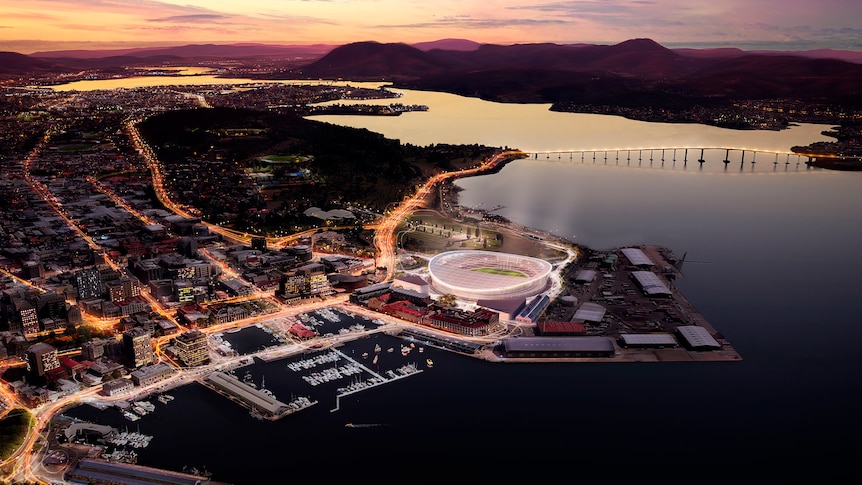 In this concept image, a stadium shines brightly in Hobart under an pink evening sky.