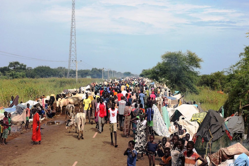 A sea of South Sudanese people fleeing with clothes and animals down a straight road.