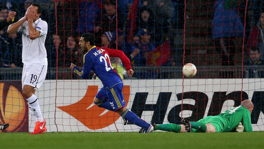 Mohamed Salah celebrates after scoring for Basel in the team's Europa League win over Spurs.