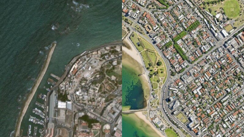 A composite satellite image of coastal Tel Aviv and Melbourne, with the former appearing in significantly lower resolution.