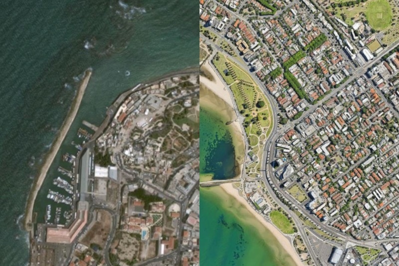 A composite satellite image of coastal Tel Aviv and Melbourne, with the former appearing in significantly lower resolution.