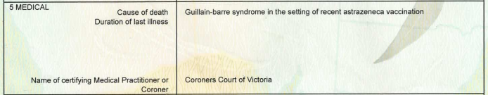  An excerpt of Robyn's death certificate showing her cause of death related to the Astra Zeneca vaccine