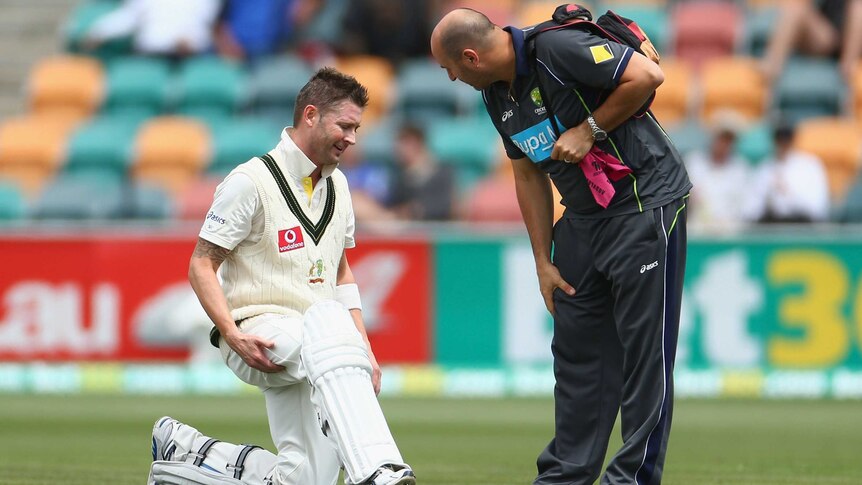 Michael Clarke tweaked his hamstring while batting against Sri Lanka in Hobart.