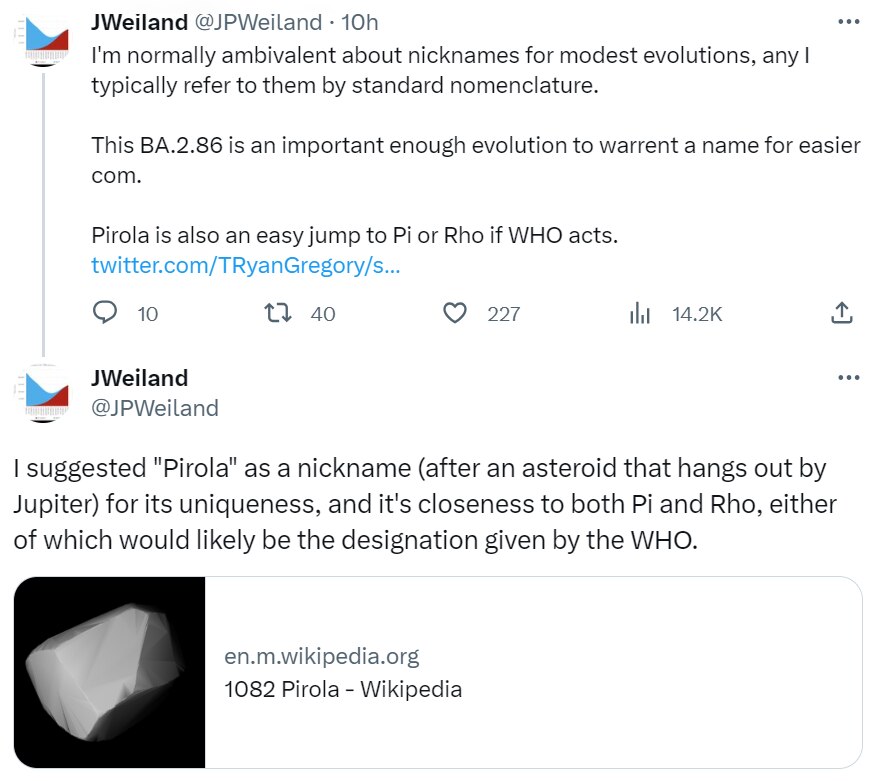 JWieland says they named the BA.2.86 COVID-19 variant Pirola for its uniqueness