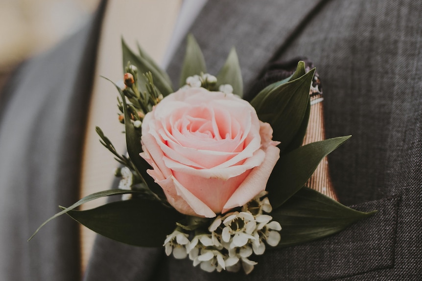 A rose poking out from the button hole of a man's jacket.