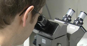 A generic image of a scientist looking into a microscope