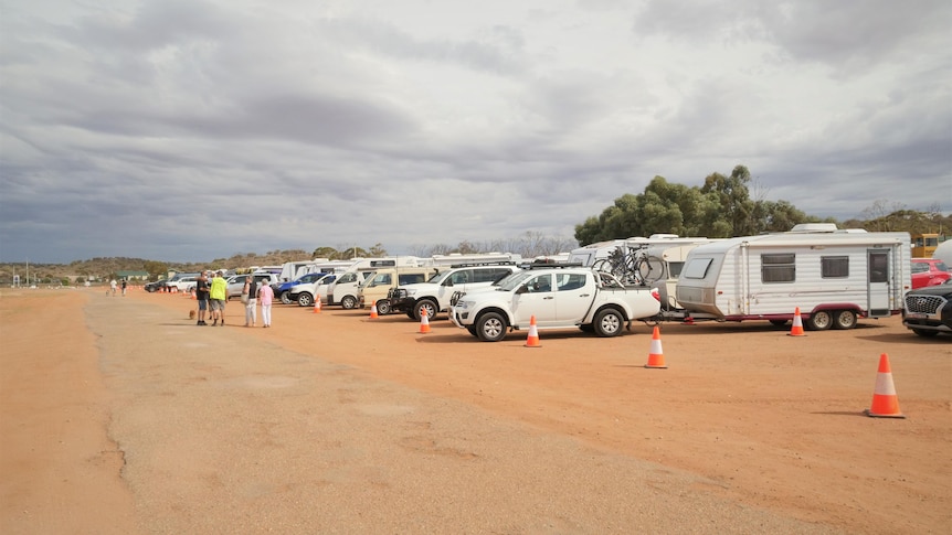 A long line of vehicles towing caravans in a barren camping area.